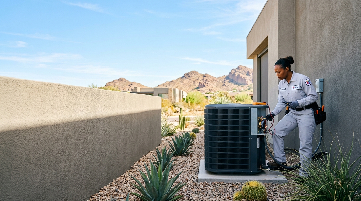 DesertCool technician beside a modern outdoor AC unit at a Phoenix home